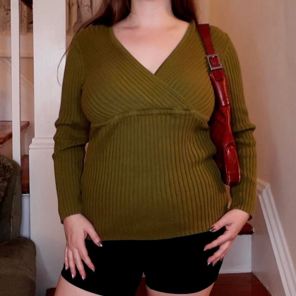 Jessica London Olive Green Babydoll Ribbed Wrap Sweater - Medium Swamp Girl Fall